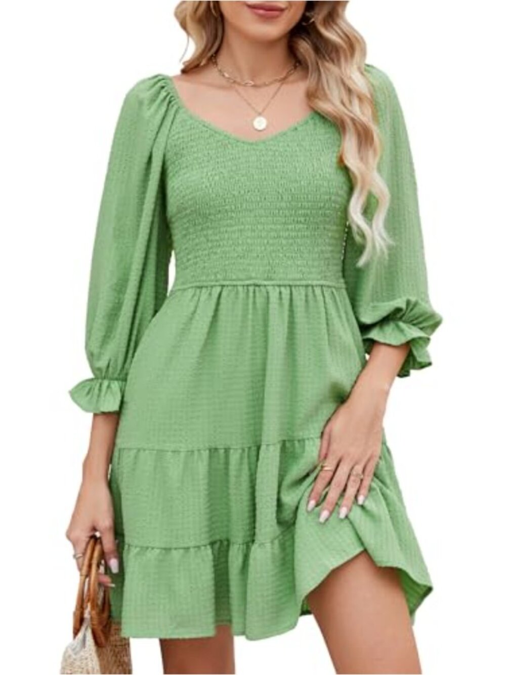 Puff Sleeve Sweetheart Neck Smocked Ruffle Flowy Short Dress Summer Casual